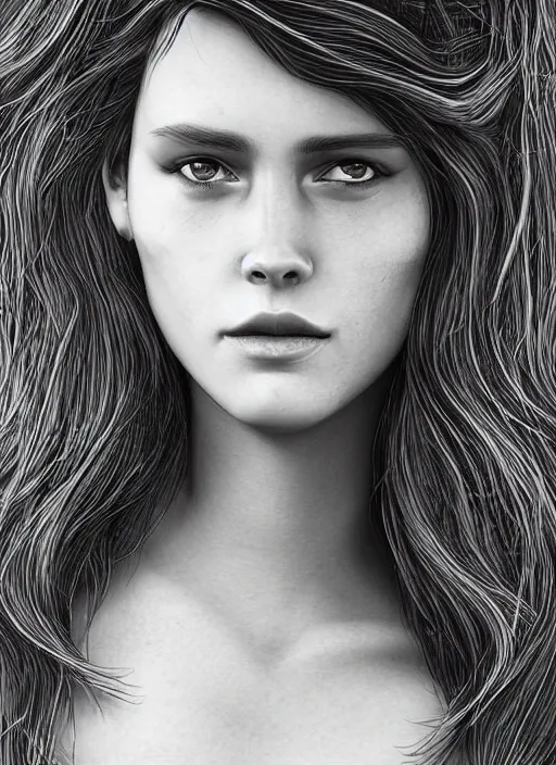 Image similar to up close portrait of a beautiful woman in black and white, photorealistic, intricate hair, art by diego fazio and diegoKoi and oscar Ukono, concept art, sharp focus, artgerm, 8k highly detailed