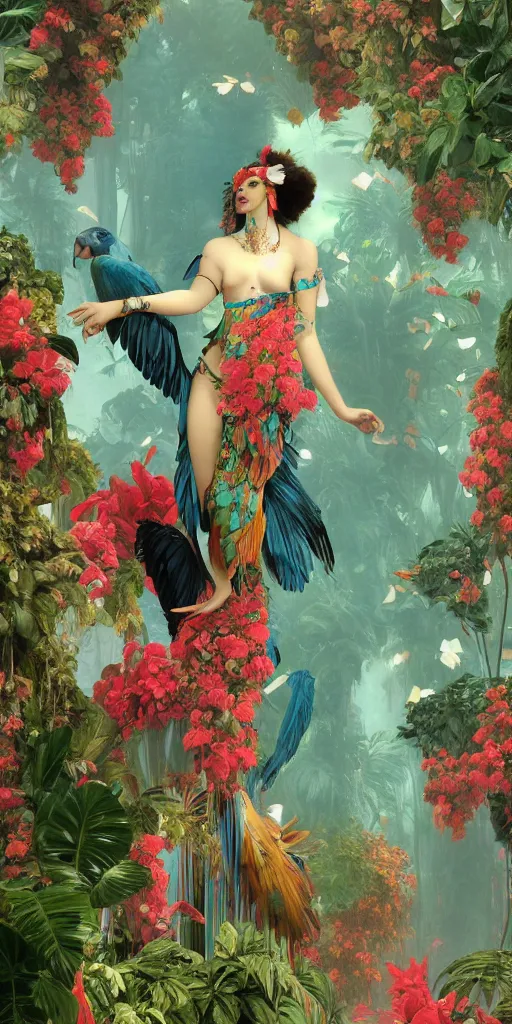 Prompt: anthropomorphic macaw woman wearing a flowing samba inpsired white and mint colored paper dress, background amazon jungle made of paper, paper Bougainvillea, ethereal, fantasy, Lawrence Alma-Tadema, James Jean, oozium, peter morbacher, angelarium, alchemy, luxury, heavenly light, Soft illumination, Trending on artstation, Cinematic Lighting, very detailed, 3D, octane render, artgerm