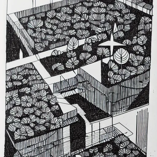 Image similar to a sharpie drawing of a bauhaus plant garden