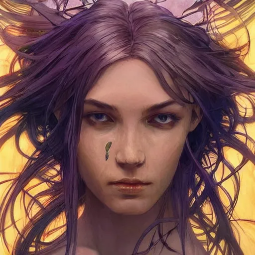 Image similar to cyborg, female, fantasy, bioluminiscence, flowing hair, portrait, highly detailed, digital painting, beautiful eyes, symmetry, concept art, sharp focus, illustration, art by artgerm and greg rutkowski and magali villeneuve and ilya kuvshinov! : : alphonse mucha : : - 0. 2