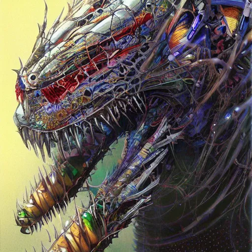 Image similar to a simple concept art portrait of a predatory robotic species. an award winning yoshitaka amano digital art poster color painting. a masterpiece by james gurney. poster colour on canvas.