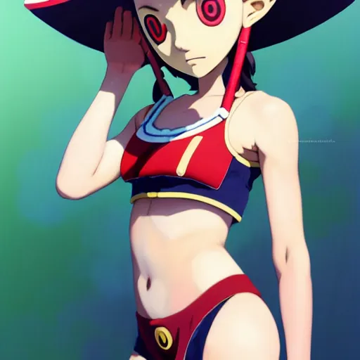 Image similar to beautiful boyish natalie portman gravure model in majora's mask, wearing wooden mask and baseball cap and leotard, street wear with subtle mayan patterns, aztec bathing suit, gapmoe yandere grimdark, trending on pixiv fanbox, painted by greg rutkowski makoto shinkai takashi takeuchi studio ghibli, akihiko yoshida