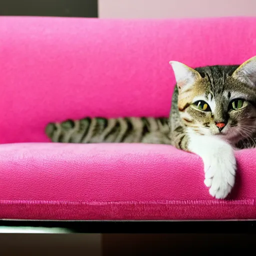 Prompt: a anthropomorphic cat with pink fur sitting on a couch