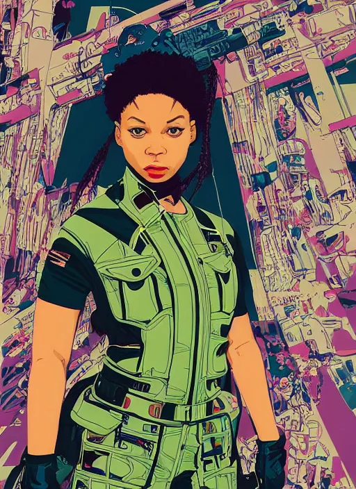 Prompt: maria igwe. cyberpunk hacker in tactical jumpsuit. portrait illustration, pop art, splash painting, art by geof darrow, ashley wood, alphonse mucha, makoto shinkai