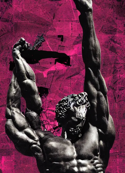 Image similar to black background, statue of hercules, ( ( ( skeleton ) ) ), grey, thin lines, dark, red and purple grid design elements, glitch art, neo vaporwave, gritty, movie poster, layout design, trending on artstation