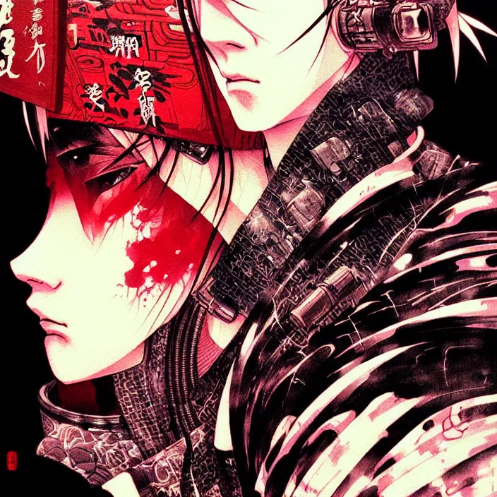 Image similar to a beautiful ukiyo painting of cyberpunk ninja, wearing cyberpunk streetwear, detailed close up portrait, concept art, by takato yamamoto, wlop, krenz cushart. cinematic dramatic atmosphere, sharp focus