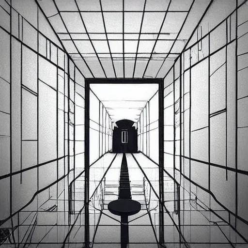 Image similar to “the inside of a huge white building with with many doors and stairs, confusing, clean geometric shapes, creepy, doors, strange dimensions, anime style, detailed background, horror anime”