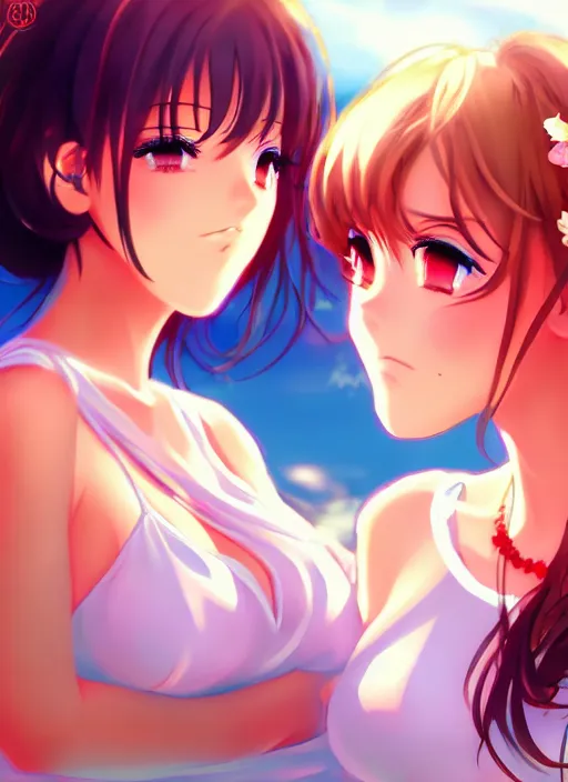 Prompt: two beautiful mothers out on a hot summer day, by the river, gorgeous faces, thick lines, cinematic lighting, detailed anime art