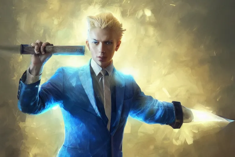 Image similar to a blonde man in a blue suit swinging a sword, d & d, heartstone, digital painting, volumetric light, intricate, sharp, focus, bloom, illustration, highly detailed, concept art, matte, ruan jia, randy vargas, greg rutkowski