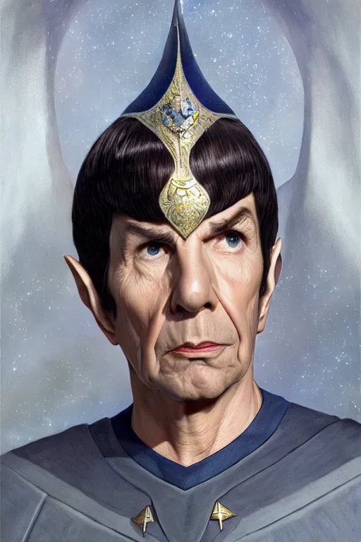 Image similar to photorealistic portrait photograph of spock as a glorious regal space king, sleek outfit, upper body, fantasy, handsome, depth of field, soft focus, highly detailed, intricate, realistic, national geographic cover, soft glow, textured, artstation, concept art, sharp focus, illustration, art by artgerm and greg rutkowski and alphonse mucha