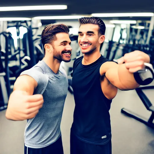 Prompt: selfie of two typical gym bros being bros at the gym