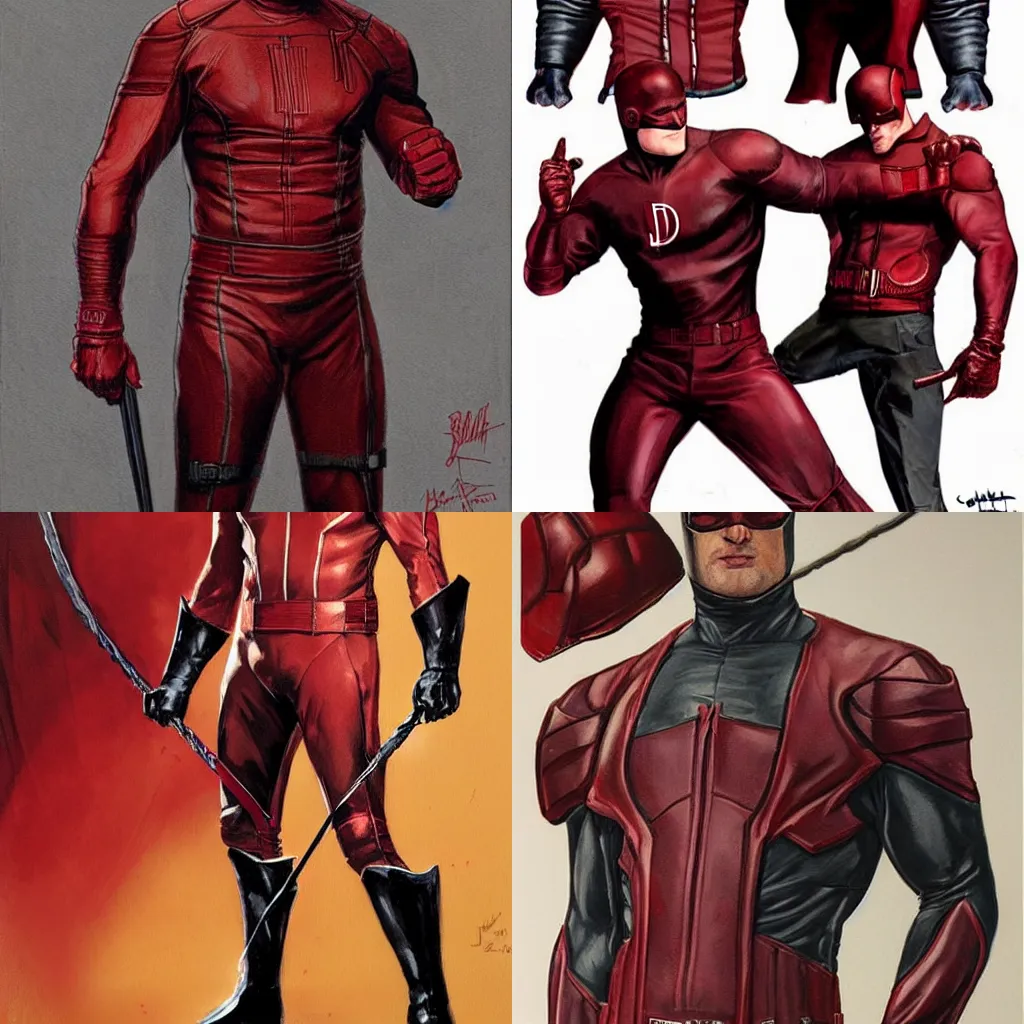 Image similar to daredevil concept art leather suit billy stick painted by jc leyendecker