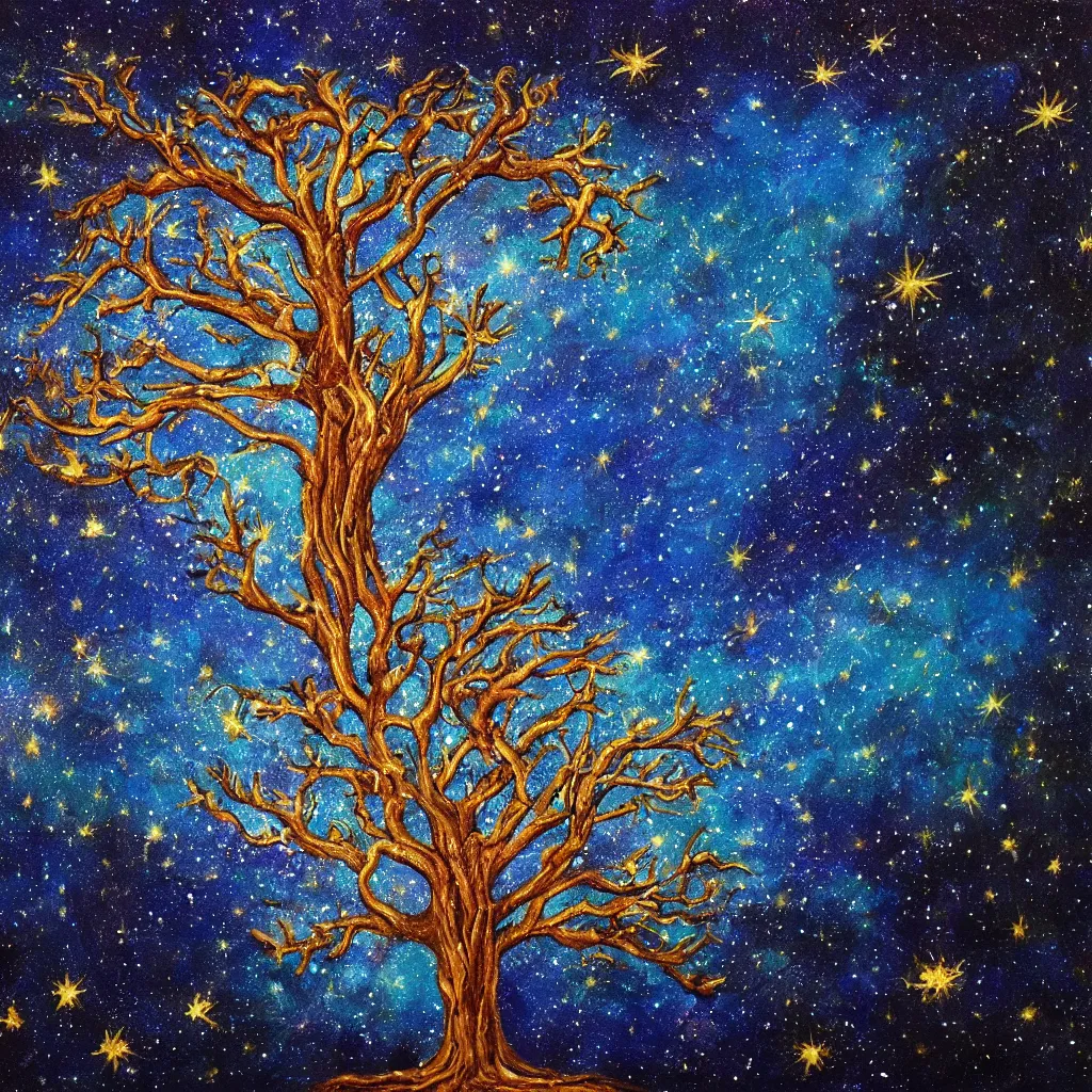 Prompt: tree of life made of stars, Galaxy Sky, A beautiful painting,4k, high detail, fantasy,