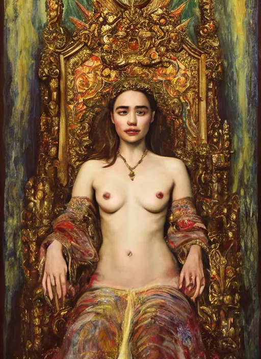 Image similar to oil painting of portait Queen of Ecstasy in a large throne room, Hungarian, Emilia Clarke by Yoshitaka Amano, by Georgia o Keeffe, by Gustave Moreau