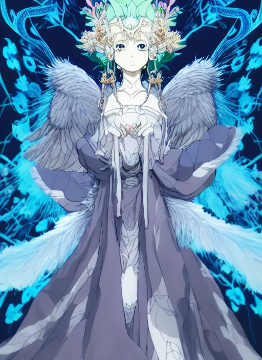 Prompt: full body portrait goddess of the owls in feathered robe, humanoid, forest ritual, throne, Hiroyuki Imaishi, concept art, Kyoto animation,last exile, blue submarine no. 6,loish, murata range, kawaii, yoshitaka amano, studio lighting, manga, bright colors, beautiful, 28mm lens, vibrant high contrast, gradation, jean giraud, fantasy, rule of thirds, fibonacci, intricate, detailed, flat, matte print, sharp, gustav klimt, makoto shinkai, Ilya Kuvshinov, soft eyes