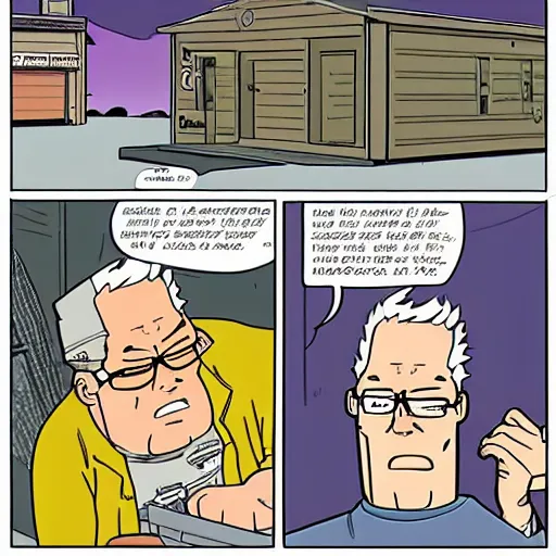 Image similar to comic strip, comic book, hank hill being irresponsible with propane