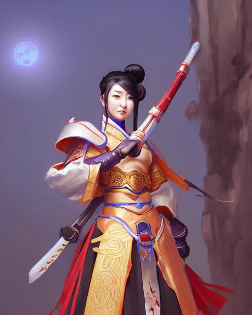 Prompt: chinese warrior woman, hanfu, overwatch style, arcane, highly detailed, digital art, pixiv fanbox, trending on artstation, ray tracing, volumetric lighting, sharp focus, hq, by artgerm, wlop, greg rutkowski, miyazaki hayao