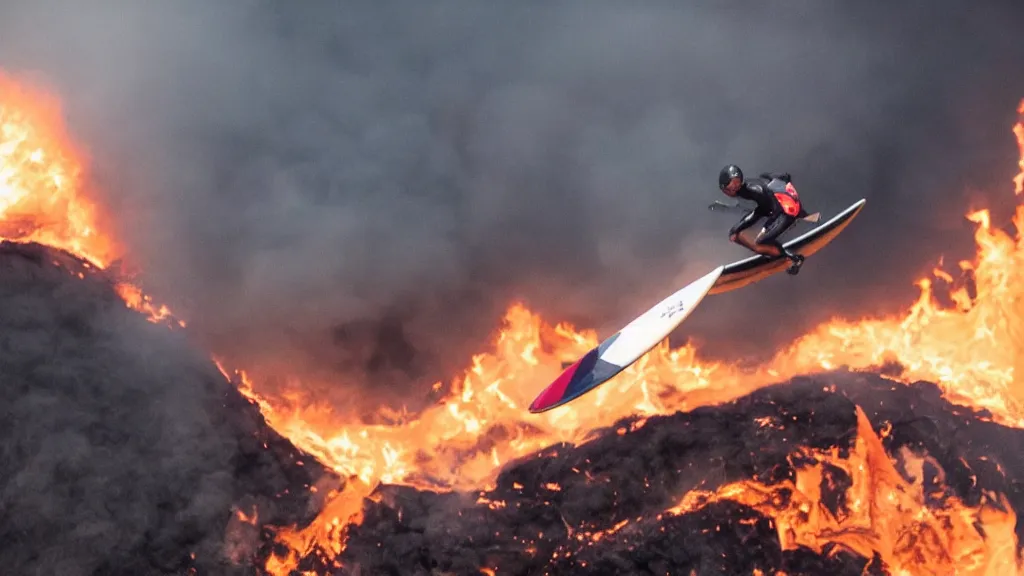 Image similar to person wearing a sponsored team jersey with logos jumping out of a helicopter with a surfboard into a volcano, action shot, dystopian, thick black smoke and fire, sharp focus