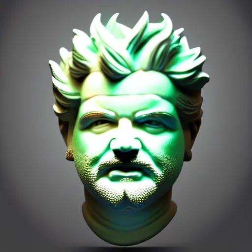 Image similar to sci - fi cgartist wide shot anaglyph ambient occlusion rendering of a hyper realistic marble greek statuary regal god head resembling guy fieri glowing with embedded vaporwave leds product photo high key colored lighting, trending on artstation volumetric lighting