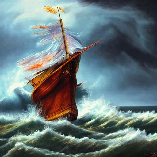 Image similar to sea storm, vortex, epic painting, wooden ship, highly detailed, hd, deep colors