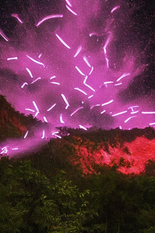 Prompt: as I approached my final destination, like streaks of plasma fireflies burst from the cave mouth filling the lush valley with fireflies