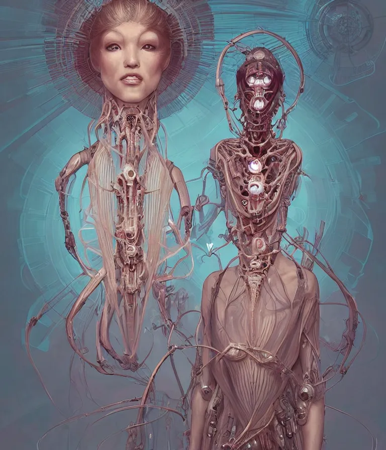 Image similar to fully symmetrical centered portrait of a beautiful princess in robe. artificial muscles, ribcage, bones, hard surface modelling. cyberpunk look. biomechanical mask. bio luminescent biomechanical halo around head. jellyfish. artwork by jarold Sng by artgerm, by Eddie Mendoza, by Peter mohrbacher by tooth wu by alfons mucha, unreal engine, octane render, cinematic light, iridescent details, iridescent colors, dichroic, macro, depth of field, blur