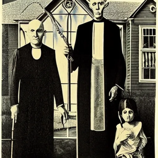 Prompt: baphomet and aleister crowley in the style of american gothic