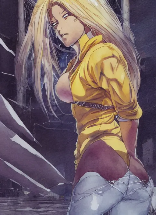 Image similar to Frontal portrait of a very beautiful muscular anime girl with tanned skin and cream colored hair wearing a yellow raincoat, watercolor, digital painting, art by Shirow Masamune Kenichi Sonoda Moebius and Katsuhiro Otomo, very detailed, sharp focus, cyberpunk, high quality, color manga panel, hard shadows
