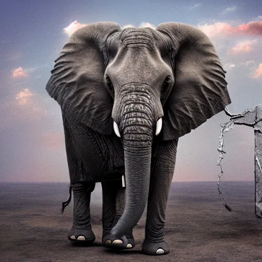 Image similar to an elephant crumbling to dust in the air, photorealistic