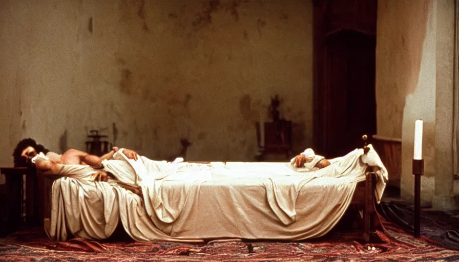 Prompt: 1 9 7 0 s movie still of the marcus aurelius'death on his bed in a ancient palace, cinestill 8 0 0 t 3 5 mm, high quality, heavy grain, high detail, cinematic composition, dramatic light, anamorphic, ultra wide lens, hyperrealistic