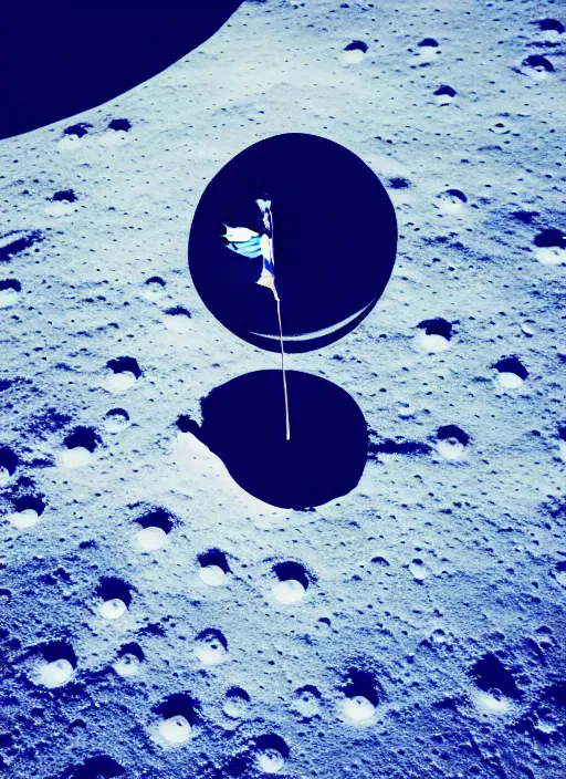 Image similar to photo of moonlanding in finlands blue and white cross flag on the moon, aesthetic, fine art, intricate, elegant, highly detailed, centered, phograph, art station, conceptual art, soft, sharp focus,