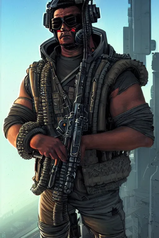 Image similar to Dangerous Tojo. buff Samoan cyberpunk mercenary wearing a cyberpunk tactical headset and military vest. AR-15. square face. Realistic Proportions. Concept art by James Gurney and Laurie Greasley. Moody Industrial skyline. ArtstationHQ. Creative character design for cyberpunk 2077.