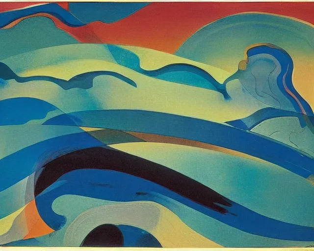 Prompt: A wild, insane, modernist landscape painting. Wild energy patterns rippling in all directions. Curves, organic, zig-zags. Saturated color. Mountains. Clouds. Rushing water. Wayne Thiebaud. Arthur Dove. Zao Wou-ki.