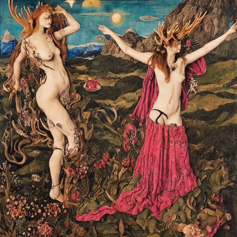 Prompt: a wide mountainous river valley with a tattood lady with animal stripes, antlers and wings transforming into a flower while the stars look like flowers by jan van eyck, ernst fuchs, nicholas kalmakoff, character, full body, max ernst, hans holbein, portrait, fashion editorial