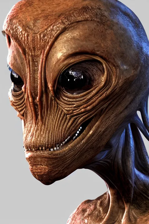 Image similar to an extremely high quality hd, a computer generated image of an alien head, a computer rendering by senior character artist, featured on zbrush central, afrofuturism, zbrush, polycount, prerendered graphics, 8 k, ultra realistic, very realistic