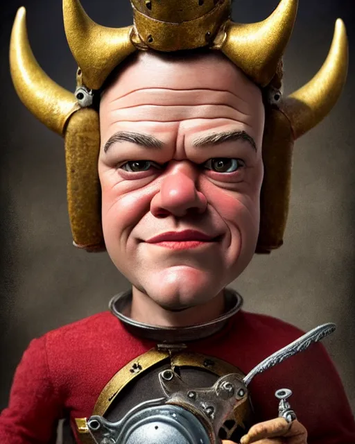 Image similar to highly detailed closeup, face profile portrait of a tin toy matt damon as a medieval demon with horns eating cakes in a castle, hyper realistic, artstation, illustration, nicoletta ceccoli, mark ryden, lostfish, dan decarlo, bob clampett, max fleischer, digital paint, matte paint, vivid colors, detailed and intricate environment