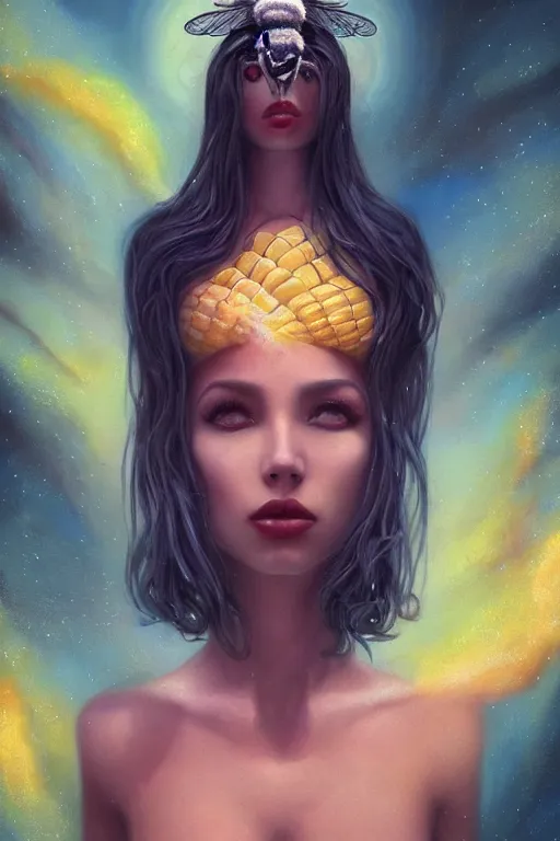 Image similar to portrait of an elegant alien bee woman queen, straight on portrait, full body character concept art, honeycomb, by artgerm, tom bagshaw, gerald brom, vaporwave colors, lo - fi colors, vaporwave, lo - fi, moody vibe, goth vibe, 4 k, hd,