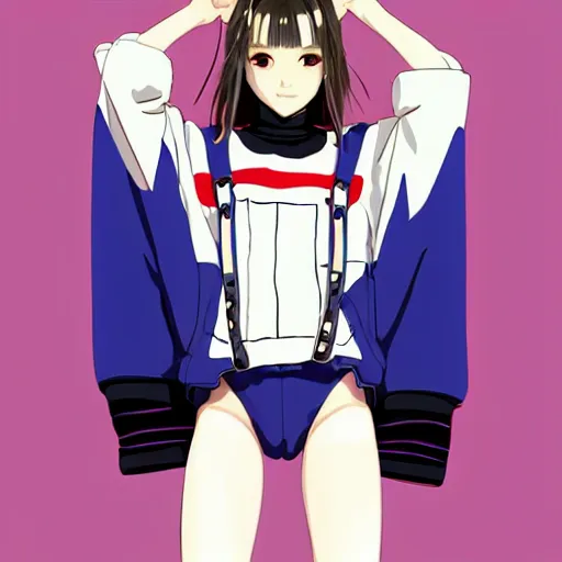 Image similar to a beautiful japanese natalie portman gravure model, wearing oversized native designer bomber jacket and leotard with overalls, bulky poofy bomber jacket with mesoamerican patterns, mesoamerican native street fashion, gapmoe yandere grimdark, trending on pixiv fanbox, painted by greg rutkowski makoto shinkai takashi takeuchi studio ghibli, akihiko yoshida