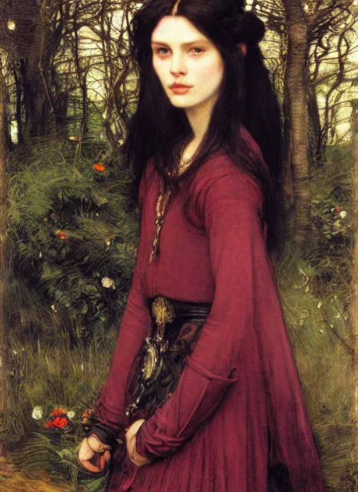 Prompt: a beautiful painting of arwen undomiel by John Everett Millais and Dante Gabriel Rossetti and John Collier and john william waterhouse, pre-raphaelite, detailed, trending on artstation, hd, masterpiece