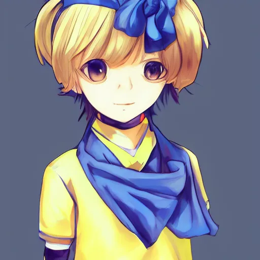 Image similar to full headshot portrait of blond baby with gray eyes with a blue scarf yellow t - shirt, drawn by wlop, by avetetsuya studios, attractive character, colored sketch anime manga panel, cirno from touhou, trending on artstation