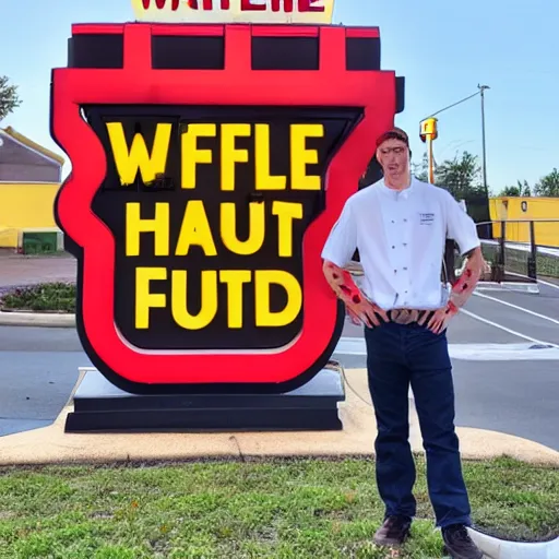 Image similar to wafflehouse employee's standing below wafflehouse sign