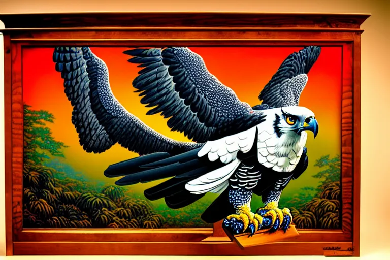 Prompt: harpy eagle carved into wooden desk, carl barks, pointillism, high saturation