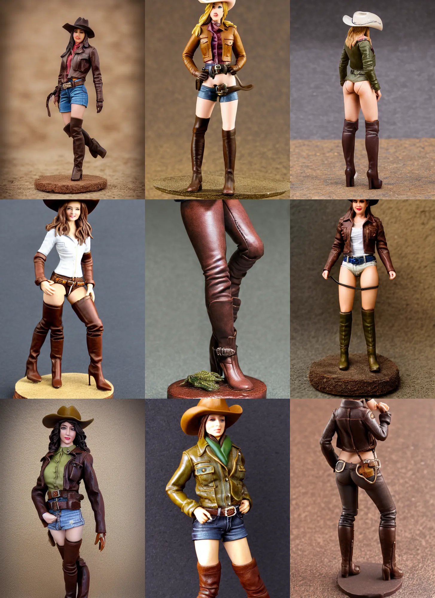 Prompt: 80mm resin detailed miniature of a cow girl, Short brown leather jacket, ten-gallon hat, over-knee boots, navel, olive thigh skin, on textured disc base; Miniature product Introduction Photos, Company Logo, 4K, Full body; Front view