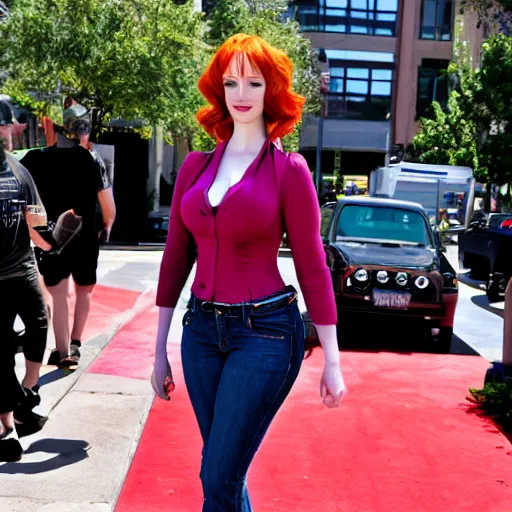 Prompt: christina hendricks from back with jorts,