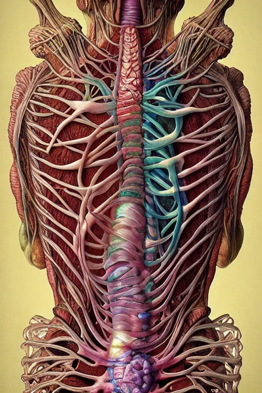 Image similar to nightmare etherreal iridescent vascular nerve bundles pearlescent spinal chord horror by Naoto Hattori, Zdzislaw, Norman Rockwell, Studio Ghibli, Anatomical cutaway