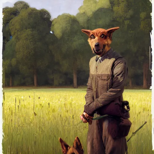 Image similar to farm life portrait of furry anthro anthropomorphic german shepard head animal person fursona wearing clothes farmer on the field in ohio, sunny day, digital art by Nerdrum John, William Waterhouse, Winslow Homer, Alex Heywood, Jordan Grimmer, Darren Quach, Greg Rutkowski, Simon Stalenhag, trending on Artstation, CGSociety