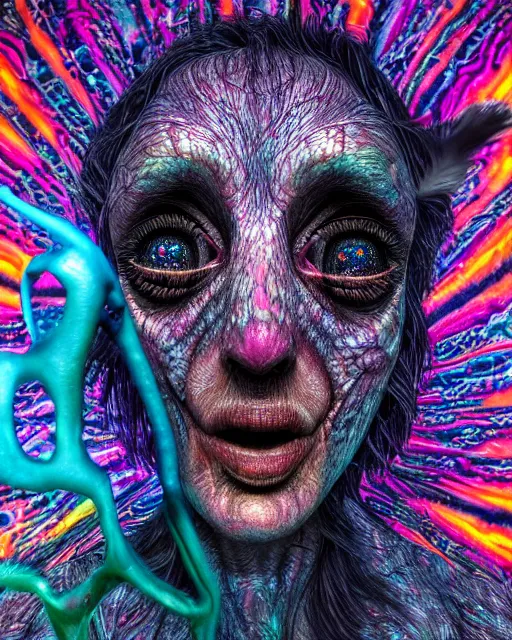 Image similar to realistic portrait of a creature experiment gone wrong, psychedelic, dark art, facing camera, photo realistic, detailed, 1 4 5 0, delicate, hyper realism, ultra realistic, 8 k