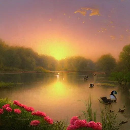 Image similar to a painting of a duck pond at sunset, surrounded by flower bushes, a detailed matte painting by marc simonetti, deviantart, hudson river school, terragen, pink clouds, pastel sky, trending on artstation