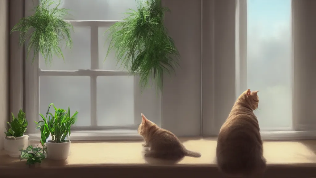 Image similar to beautiful peaceful dreamy painting of a content tabby cat sitting by a window and looking outside, sunshine coming through the window, small plants on the window sill, 8k, hyper realism, trending on artstation, octane render