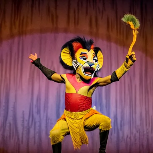 Prompt: mad mascot costumes in the lion king stage show at disneyland, covered outdoor stage, theatrical lighting, iphone video